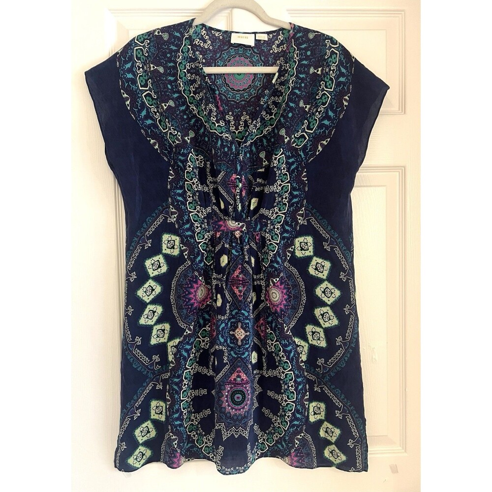 Maeve Anthropologie 100% Silk Medallion Boho V-Neck Shift Dress Sz M Blue Tunic
